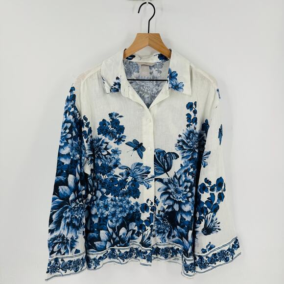 H&M Blue Floral Linen Popover Blouse White Long Sleeve Button Down Size M - Picture 10 of 10